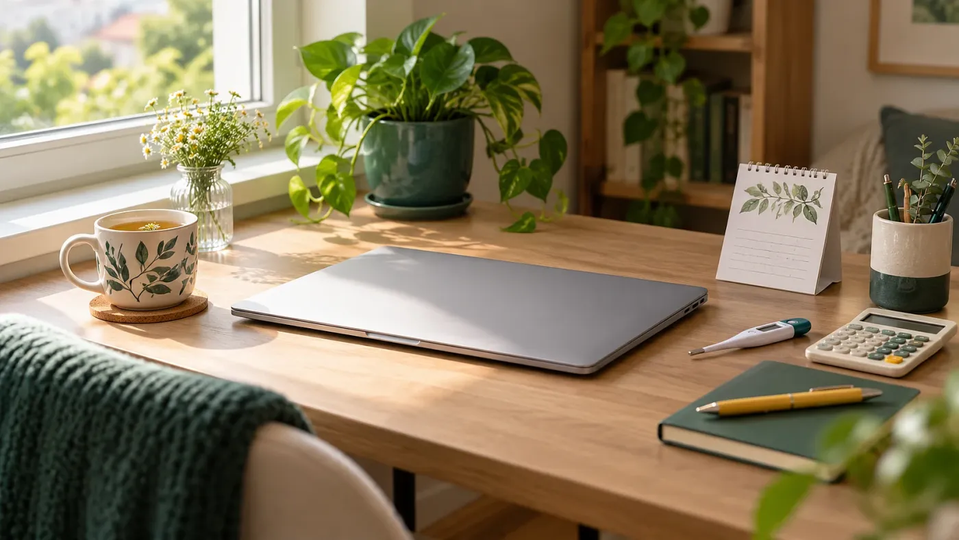 Lázmérő, tea, számológép és csukott laptop egy otthoni íróasztalon.