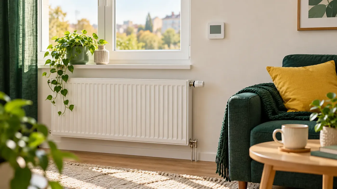 Radiátor és termosztát egy napfényes, zöld és krémszínű nappaliban.